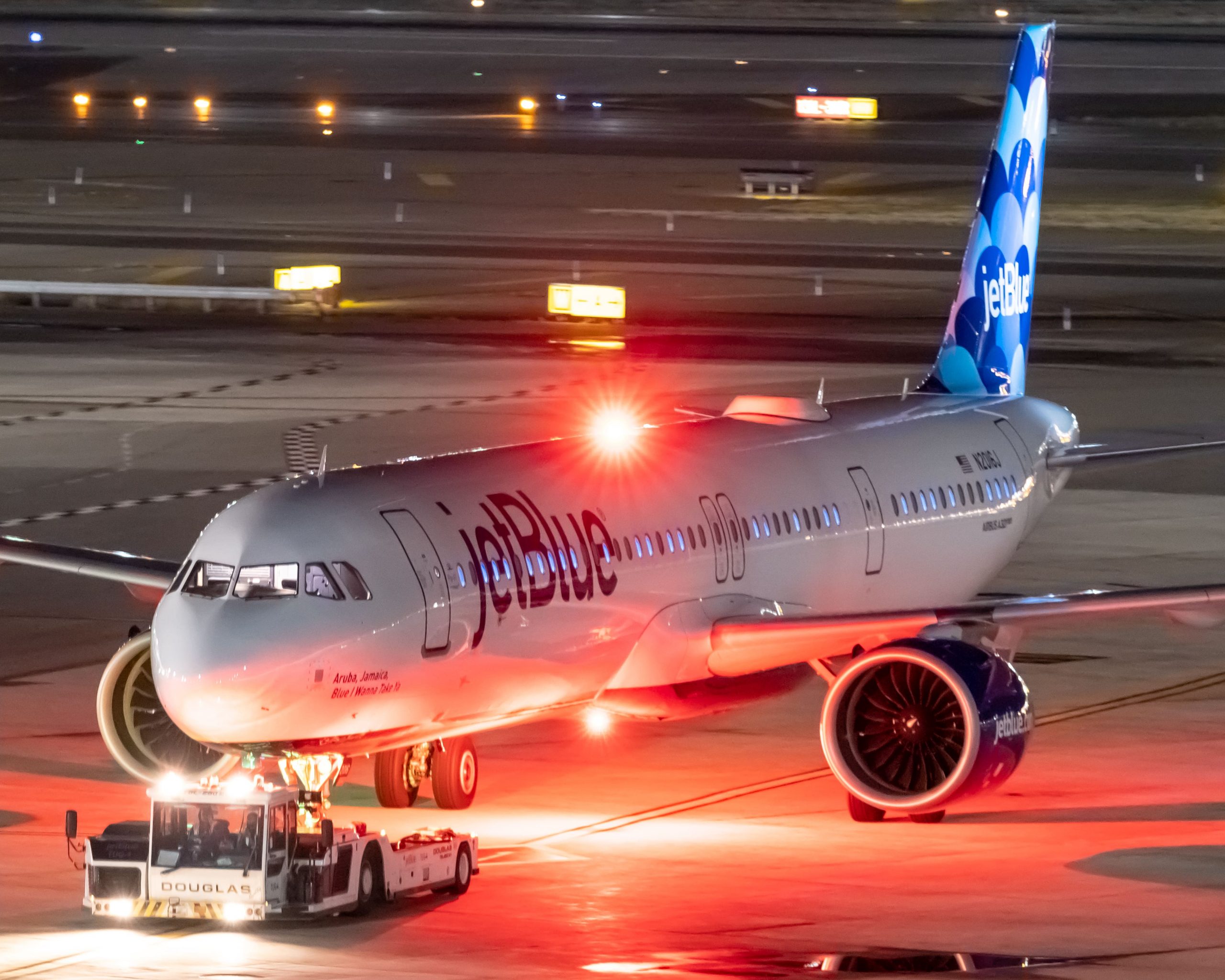 A JetBlue Airways Airbus A321neo seen being pushed back at New York's John F Kennedy International Airport. Photo Credit: Vincenzo Pace (@jfkjetsofficial)