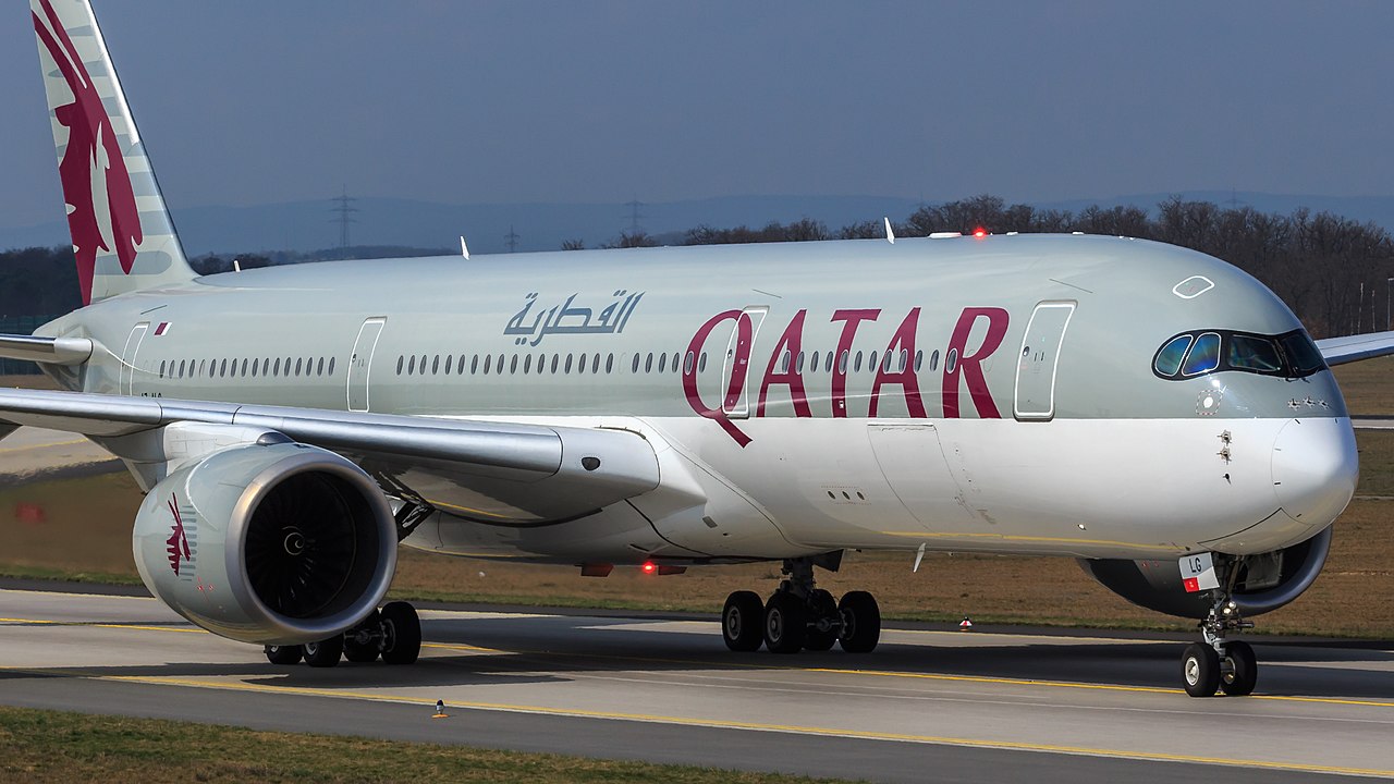 A qatar Airways Airbus A350 taxis at Frankfurt airport.