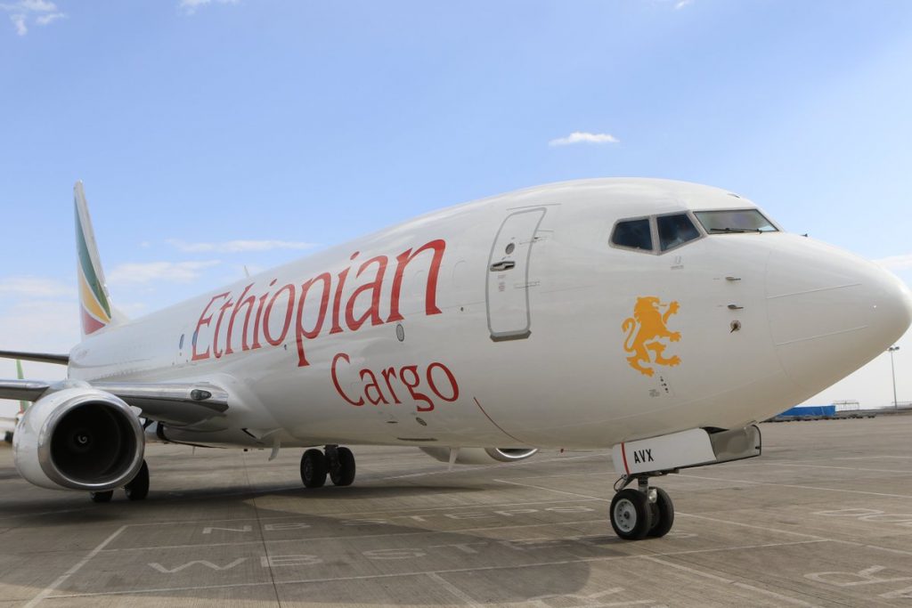 An Ethopian Airlines cargo aircraft parked on the tarmac.