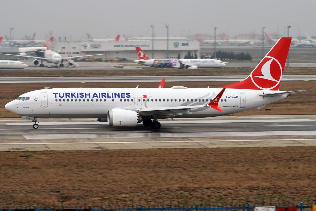 A Turkish Airlines Boeing 737 on the runway.