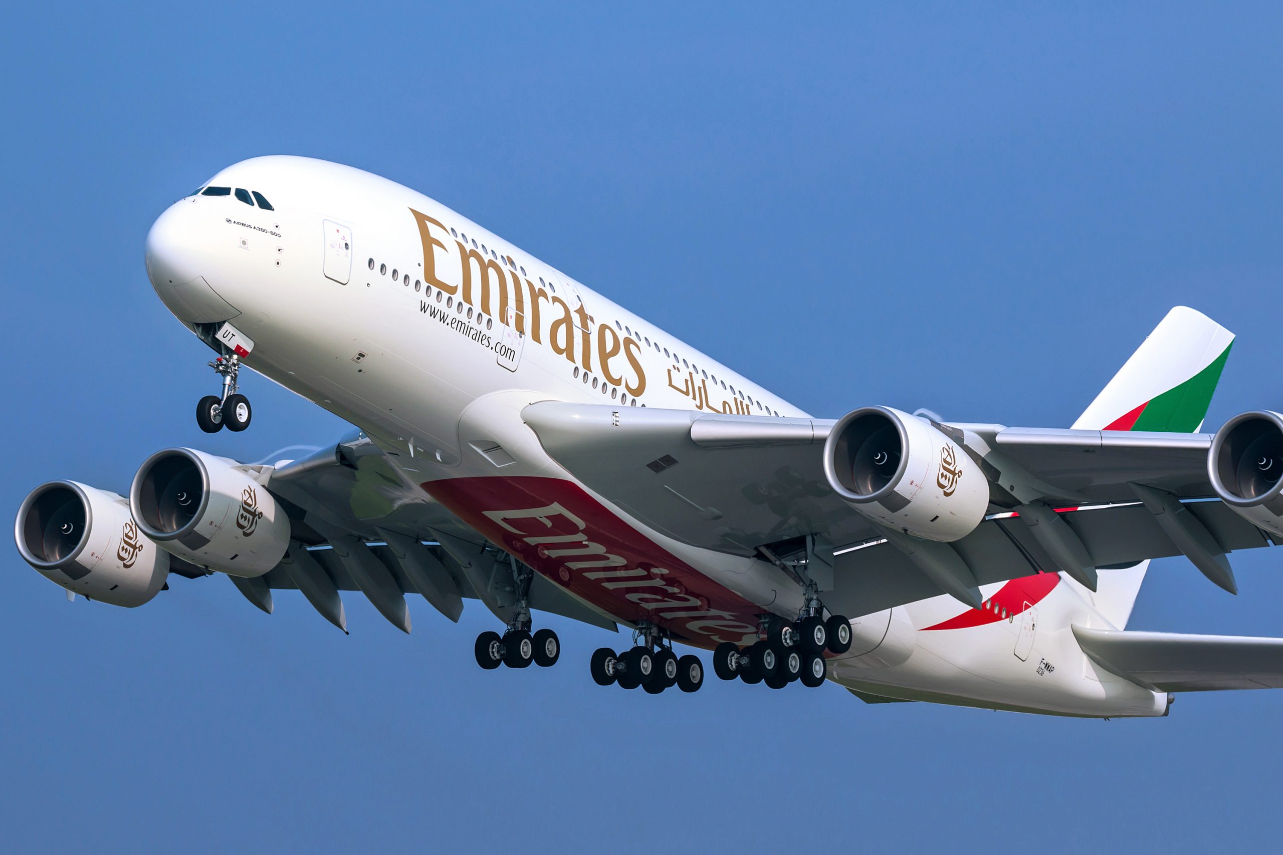 An Emirates Airbus A380-800 approaching to land.
