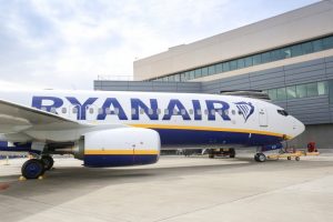 A parked Ryanair aircraft.