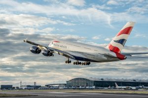 Photo: Heathrow Airport, British Airways Airbus A380 at take off, October 2013.