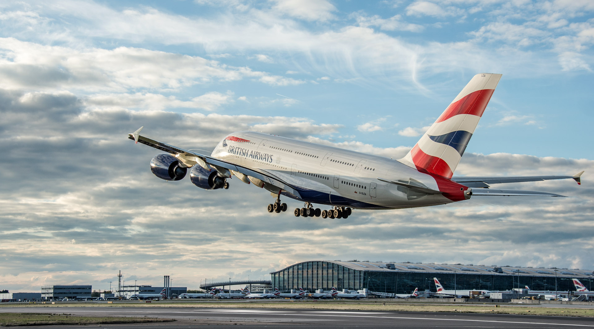 Photo: Heathrow Airport, British Airways Airbus A380 at take off, October 2013.
