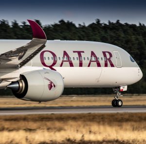 A Qatar Airways Airbus taxis for takeoff.