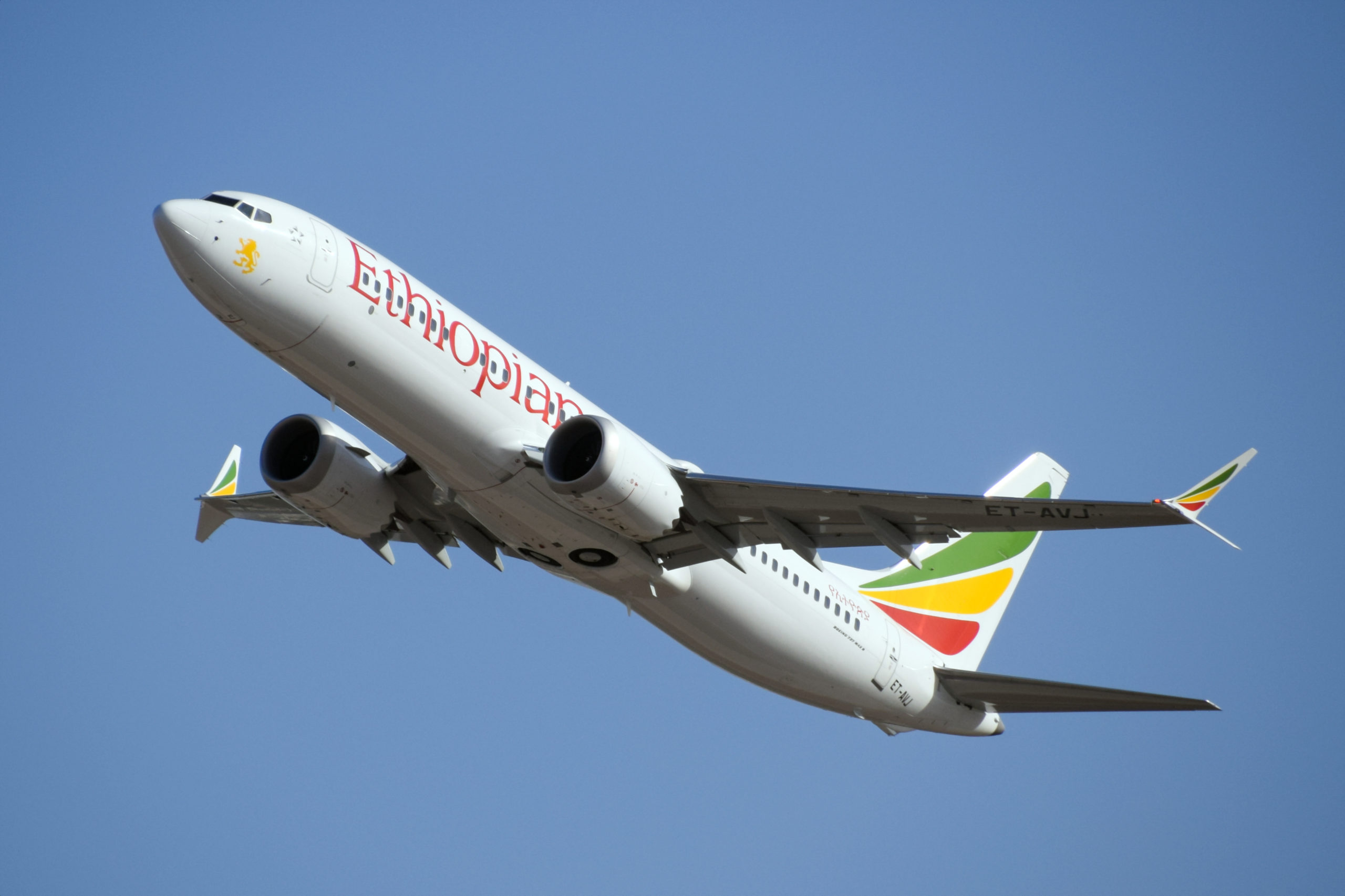 An Ethiopian Airlines Boieng 737 MAX climbs after takeoff.