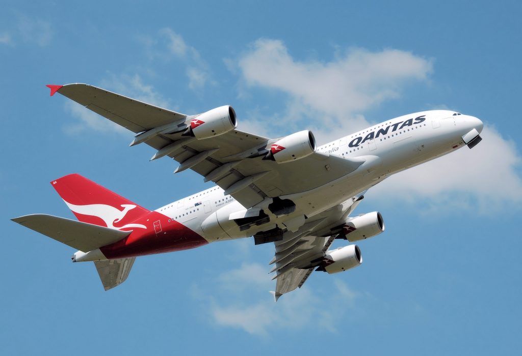 A Qantas Airbus A380 takes off from Heathrow.
