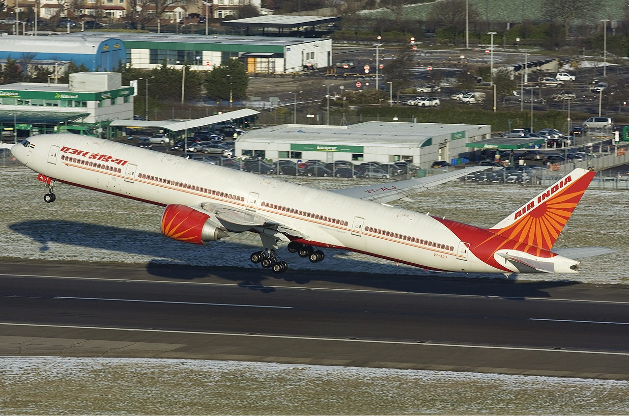 An Air India Boeing 777 takes off.