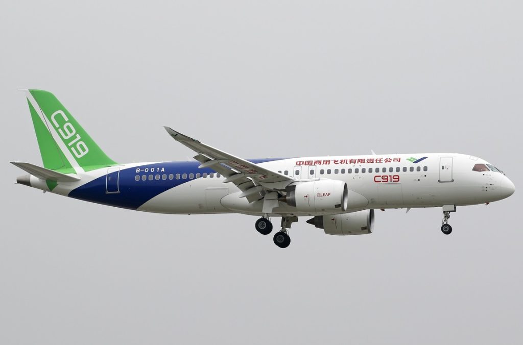 A COMAC C919 approaches to land.