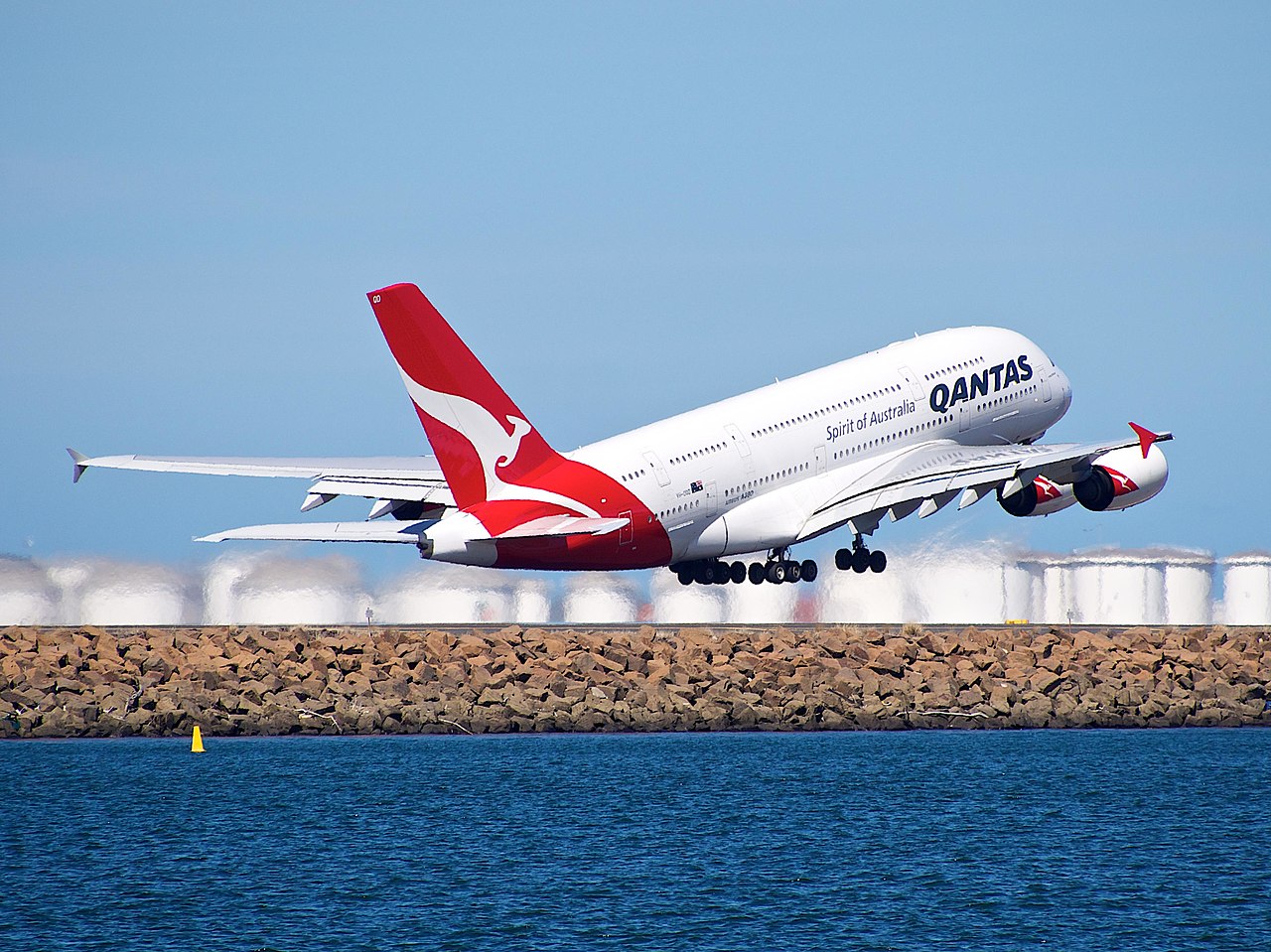 A Qantas A380 departs Sydney airport