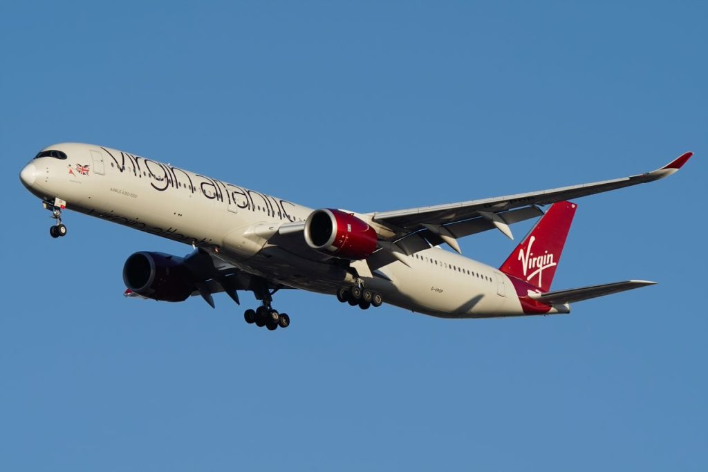 A Virgin Atlantic Airbus on final approach into John F. Kennedy International Airport.