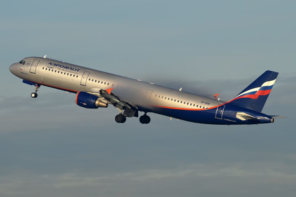 An Aeroflot A321 climbs after takeoff.