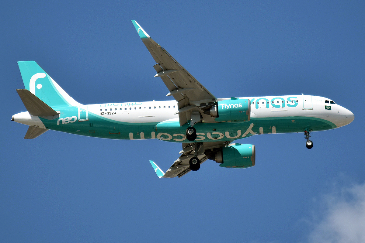 A flynas Airbus approaches to land.