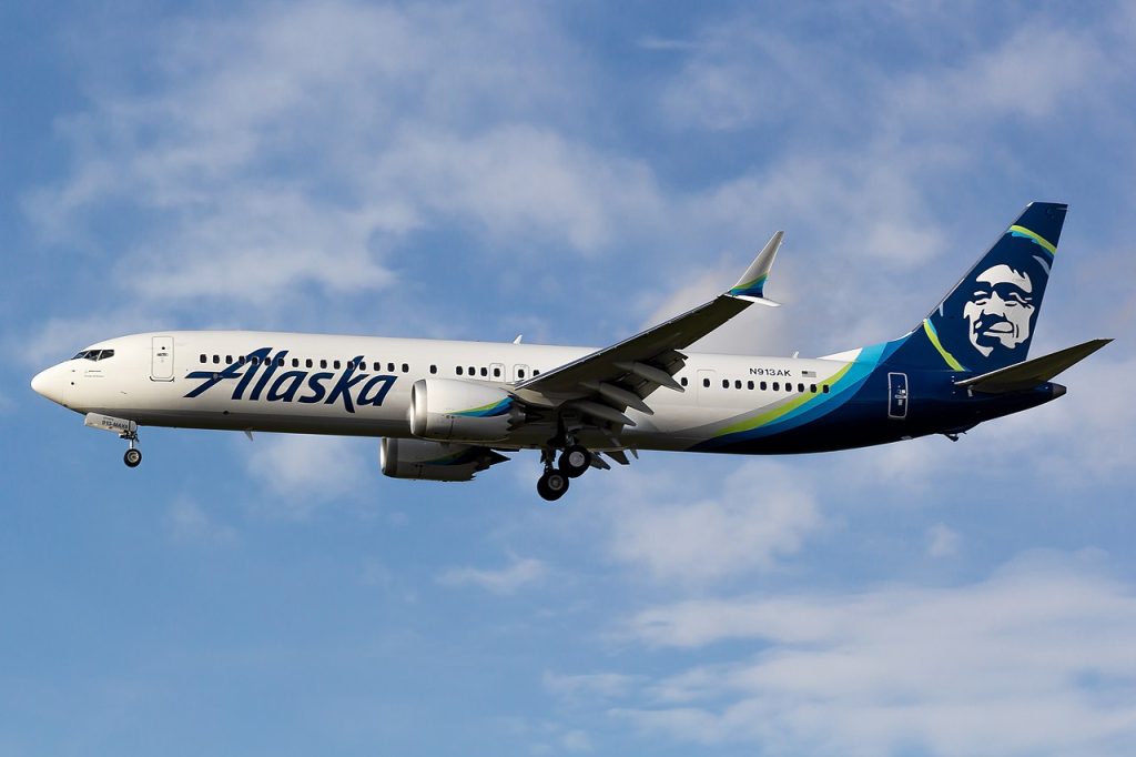 An Alaska Airlines 737 MAX aircraft in flight.