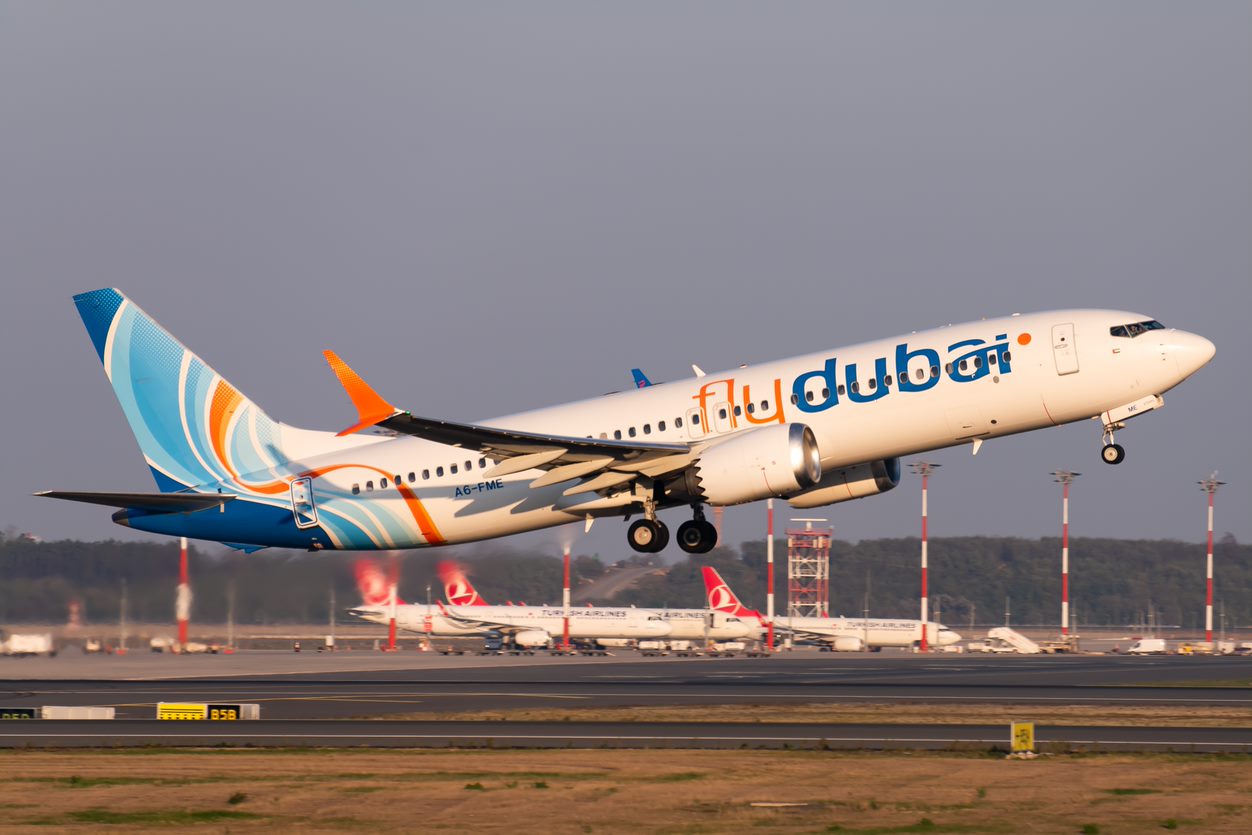 A FlyDubai Boeing 737 MAX 8 takes off.