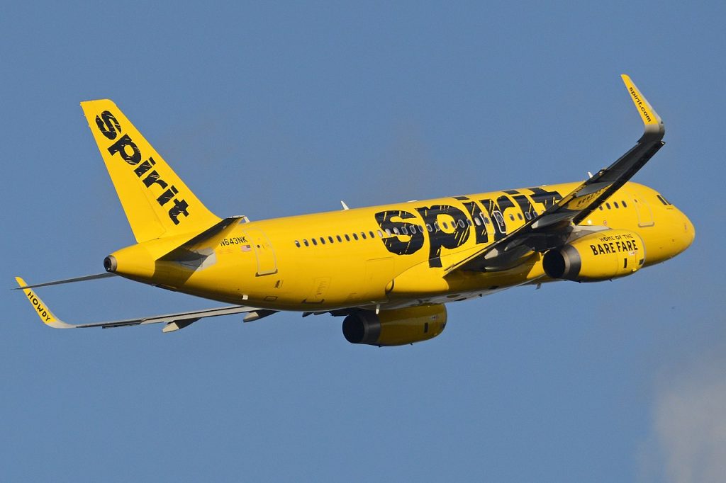 A Spirit Airlines Airbus climbs after takeoff