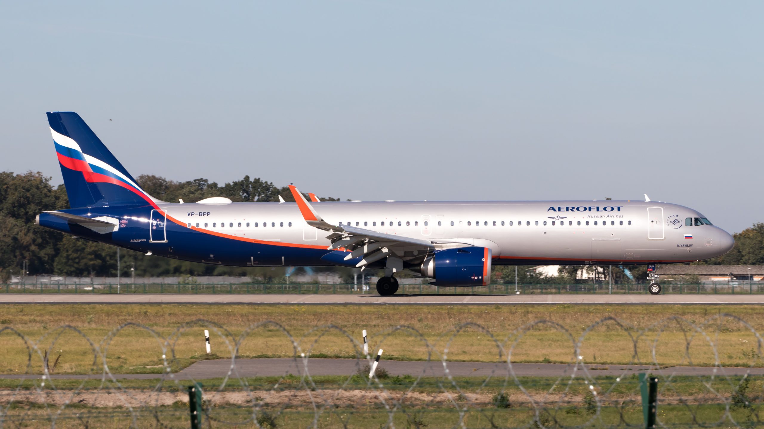 An Aeroflot Airbus A321neo holds on the runway.