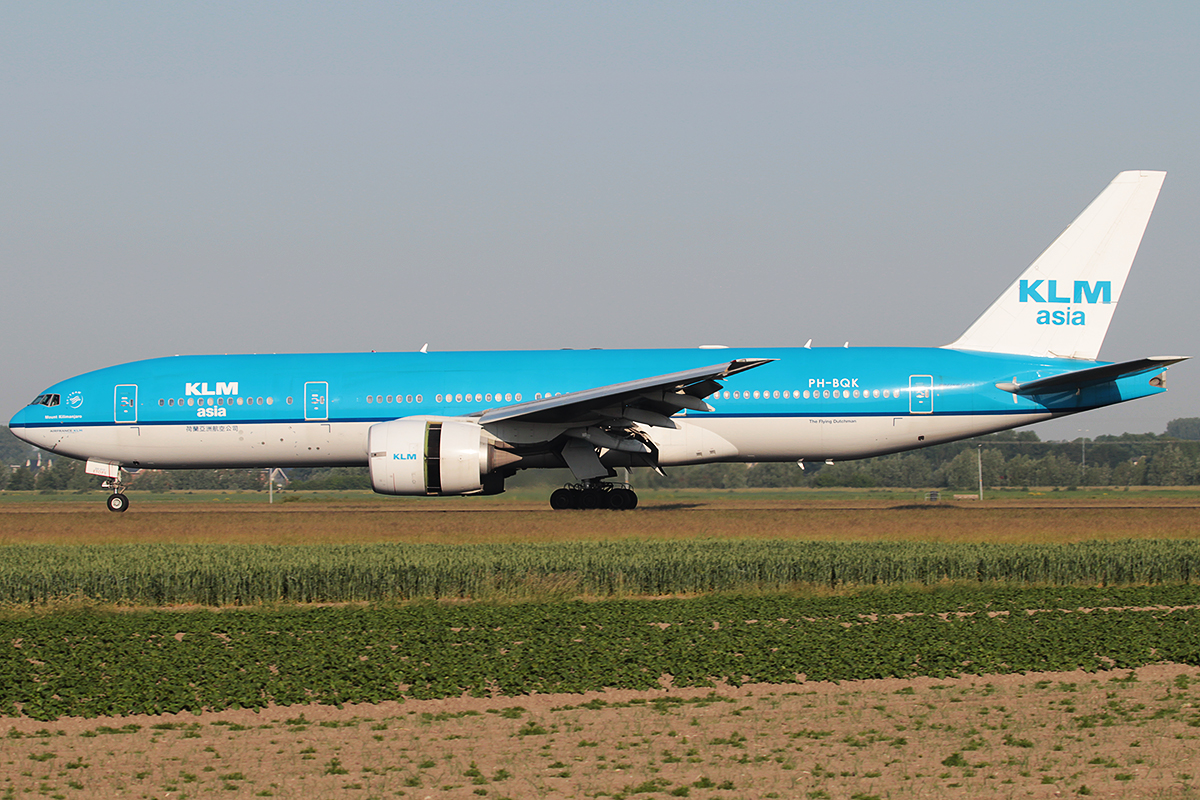 A KLM Boeing 777 on the taxiway.