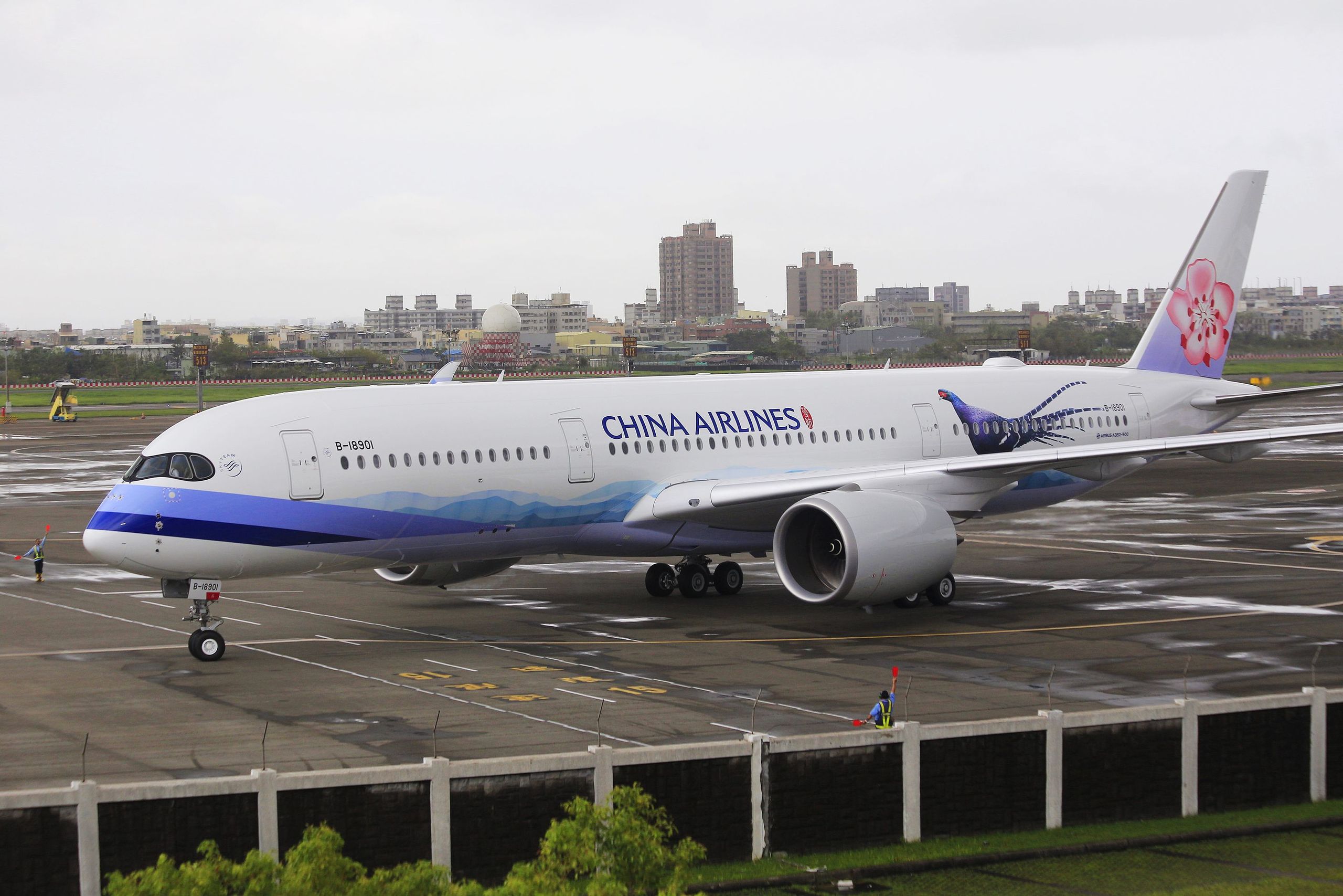 A China Airlines Airbus A350 on the tarmac.