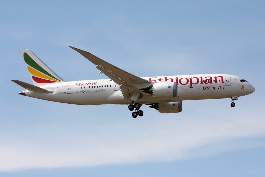 An Ethiopian Airlines Boeing 787 in flight.
