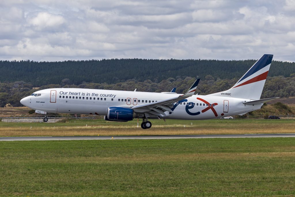 A Rex Airlines Boeing 737 lands at Canberra.