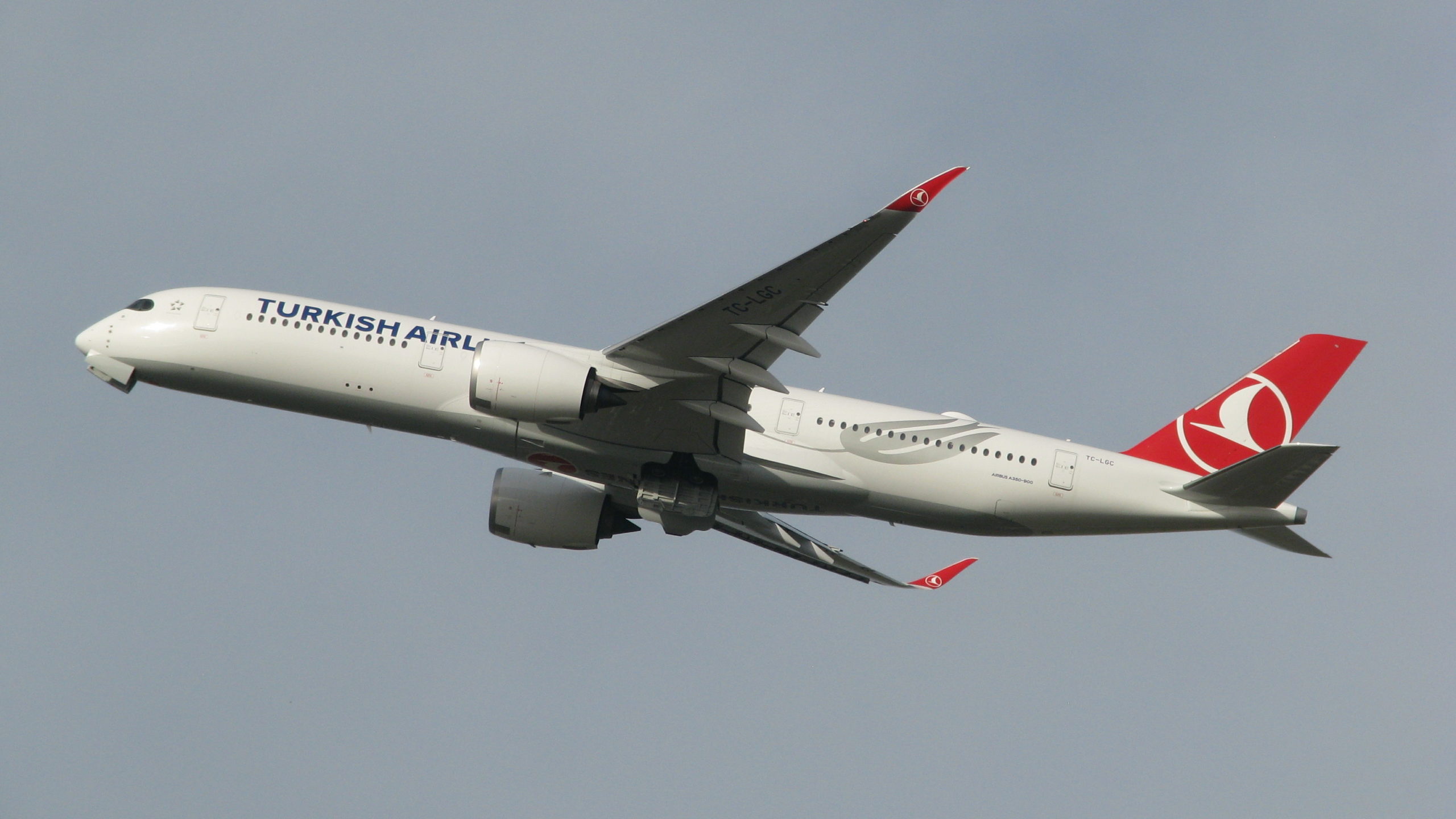 A Turkish Airlines A350 climbs after takeoff