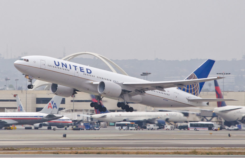 A United Airlines aircraft takes off.