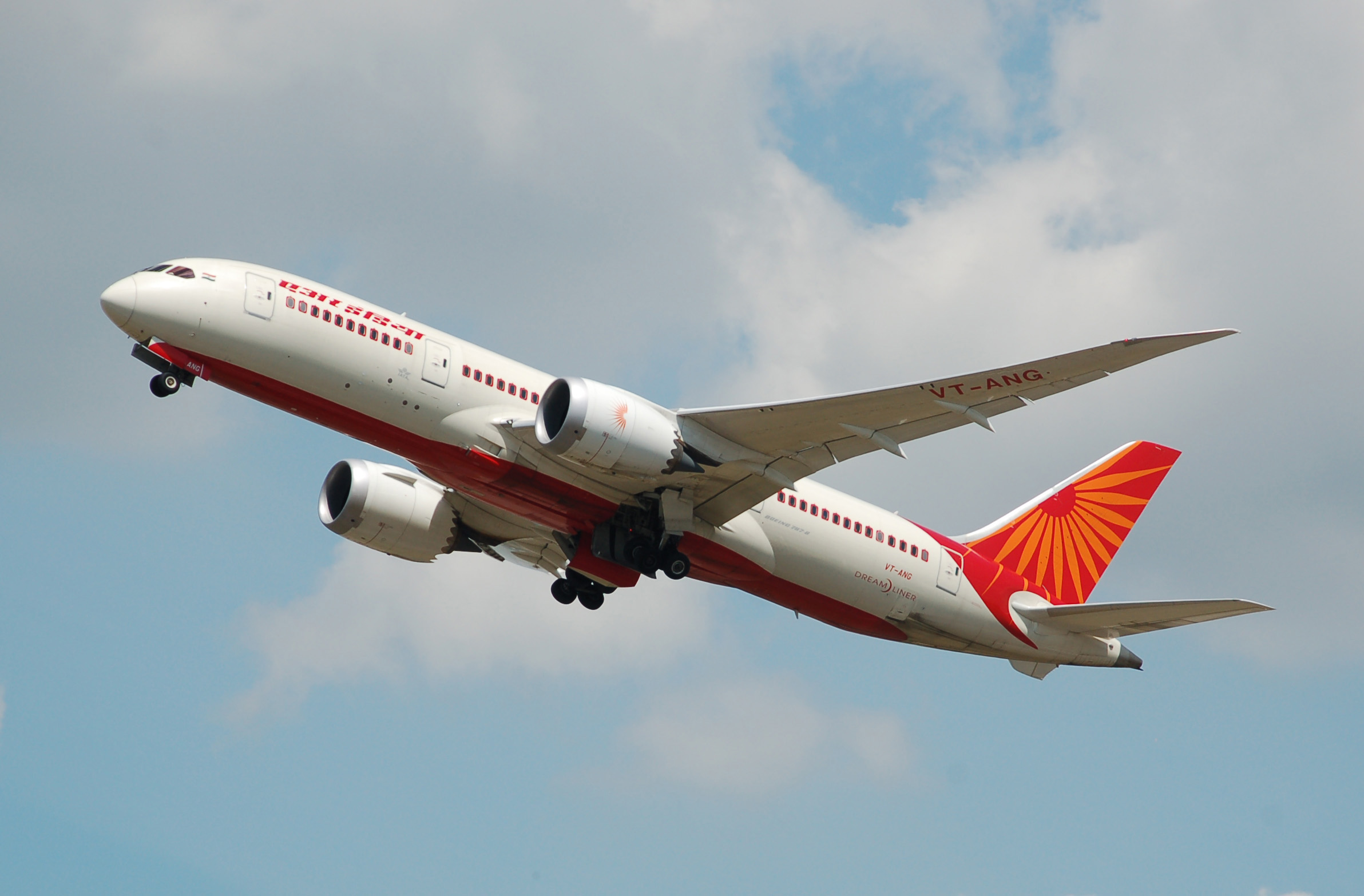 An Air India Boeing 787 Dreamliner climbs after takeoff.
