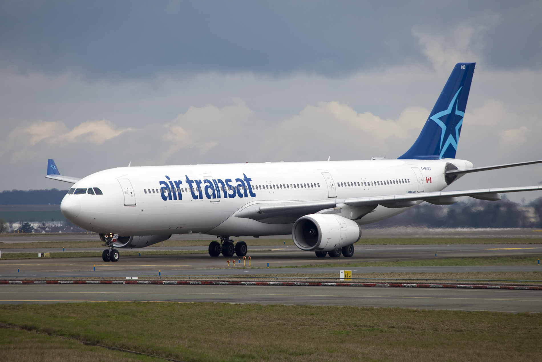 An Air Transat Airbus A330 on the taxiway.