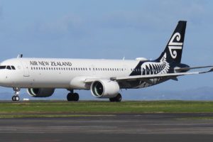 An Air New Zealand Airbus entering the runway.