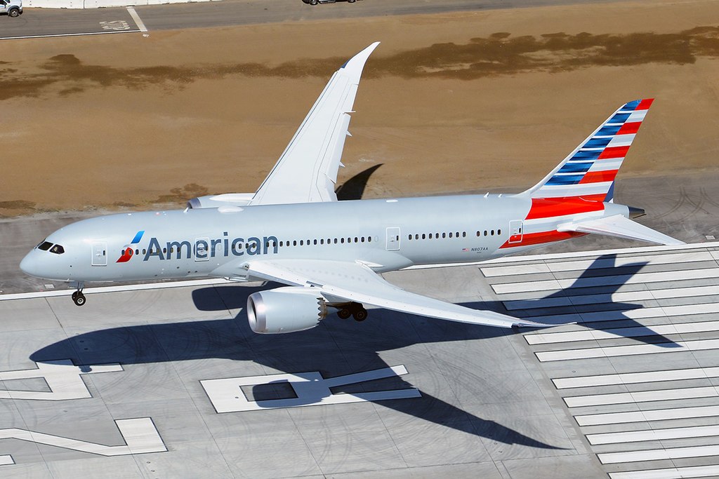 An American Airlines Boeing 787 landing.