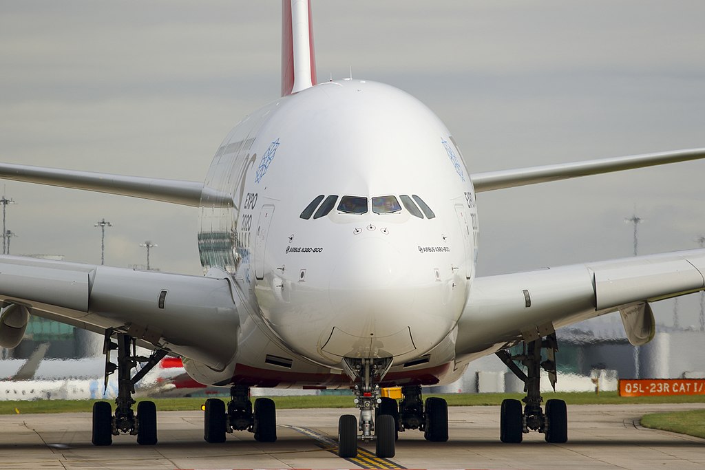 Front view of an Emirates A380.