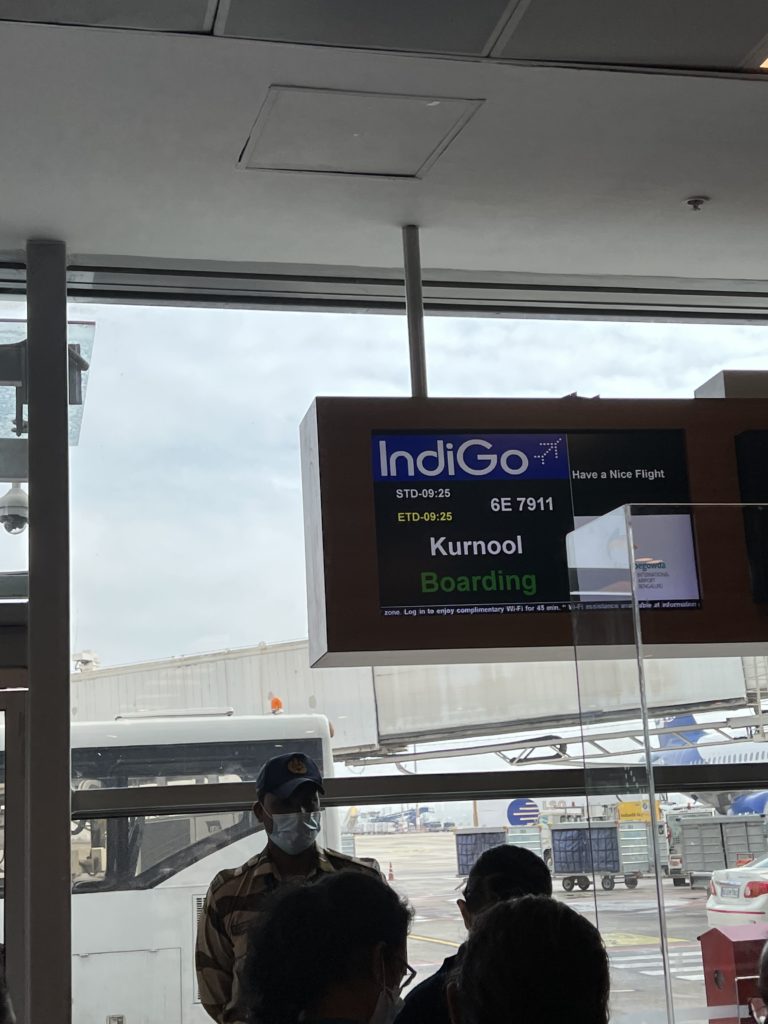 IndiGo terminal departure board showing the Boarding sign for Kurnool.