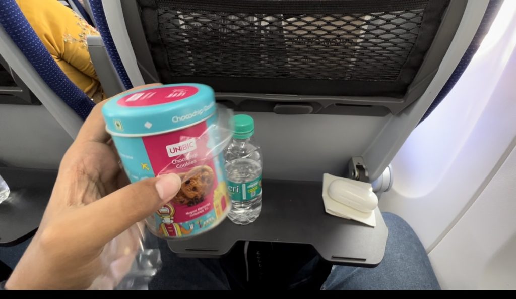 A tin of chocolate chip cookies provided aboard IndiGo Airlines ATR flight.
