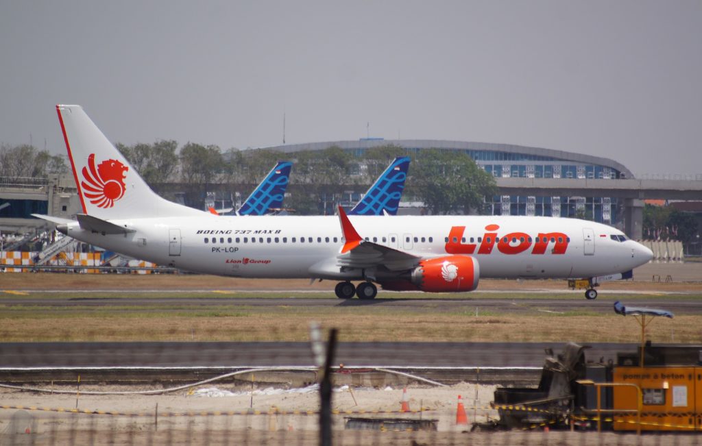 A Lion Air Boeing 737 on the taxiway.