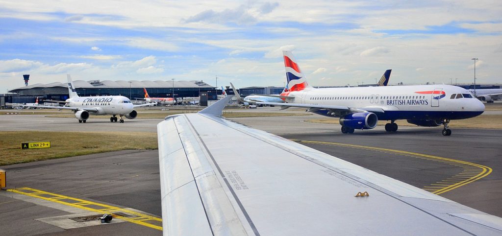 A view across the busy taxiways at Heathrow airport.