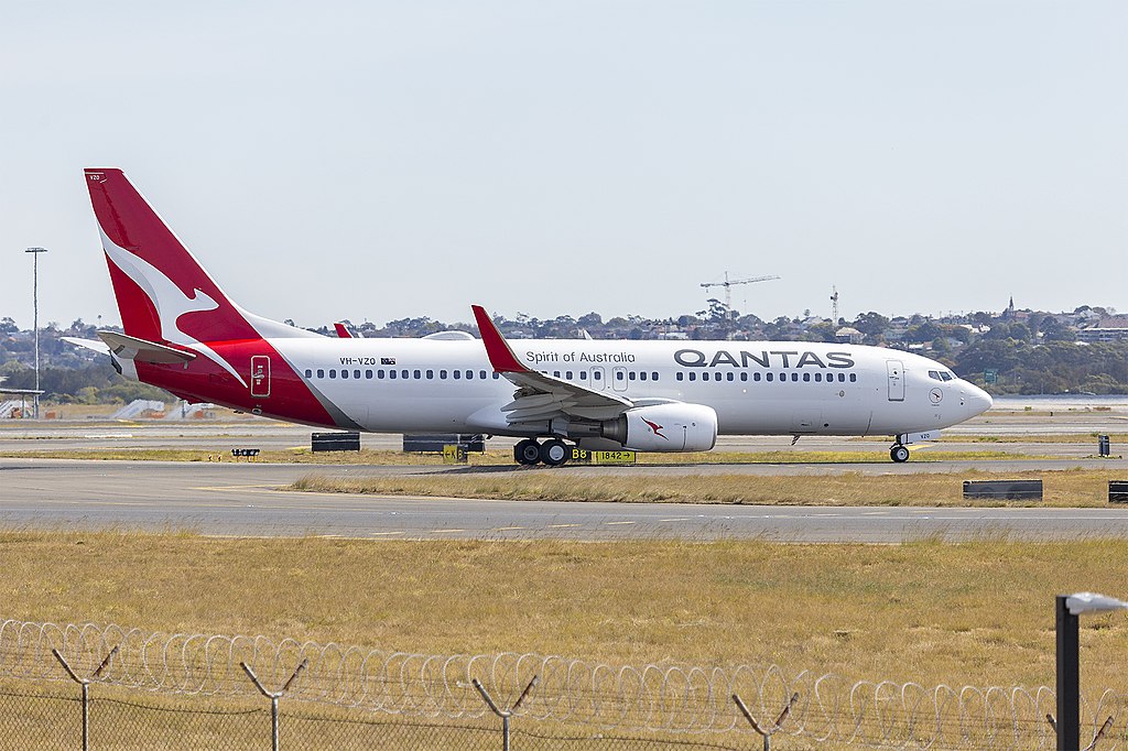 A Qantas Boeing 737 taxis to the runway.
