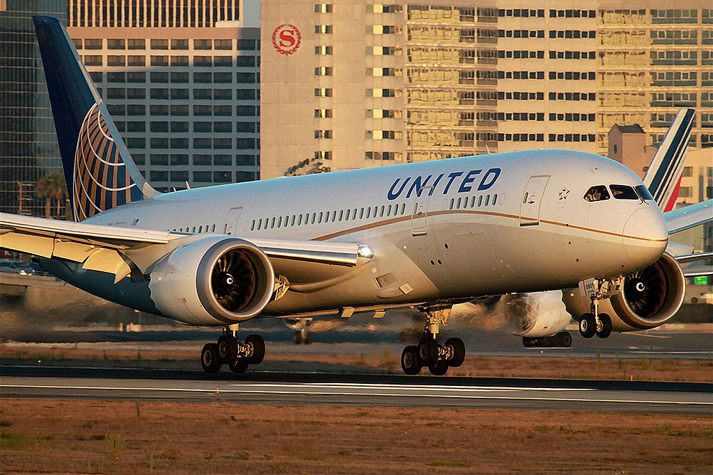 A United Airlines Dreamliner takes off.