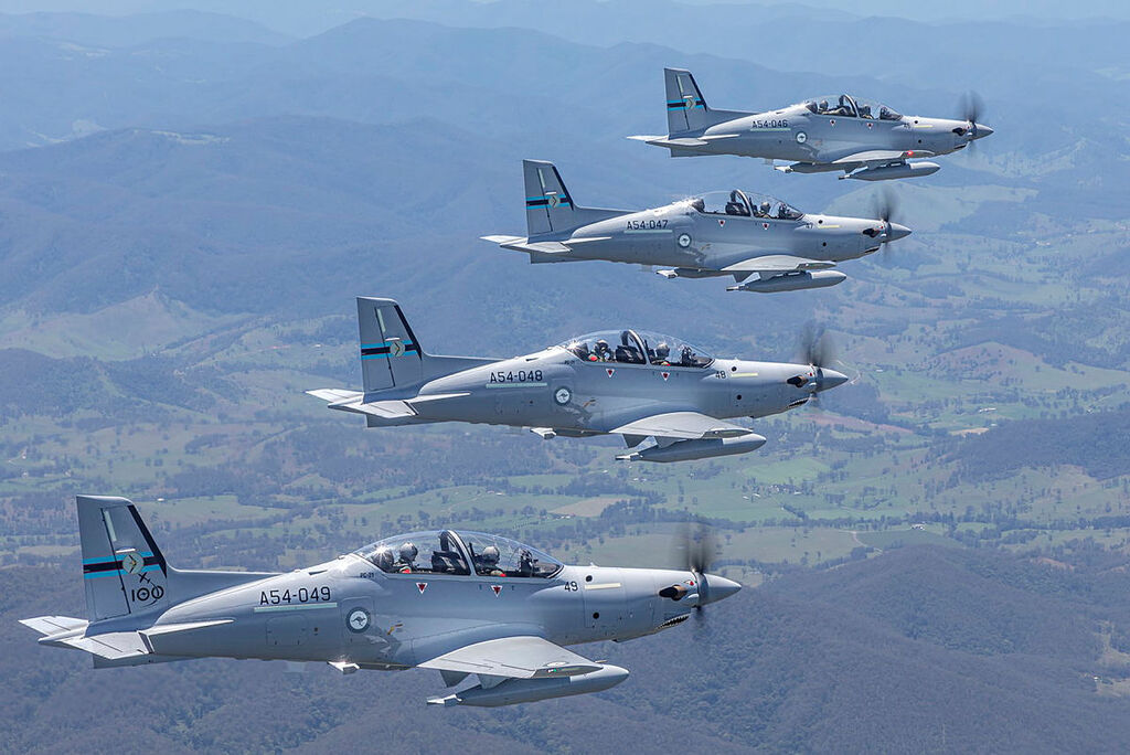 RAAF PC21 aircraft of No 4 Squadron flying in formation.