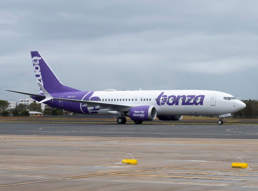 A Bonza Airlines Boeing 737 MAX on the tarmac.