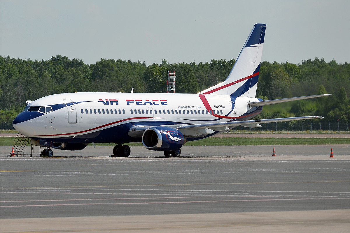 An Air Peace Boeing 737 parked on the tarmac