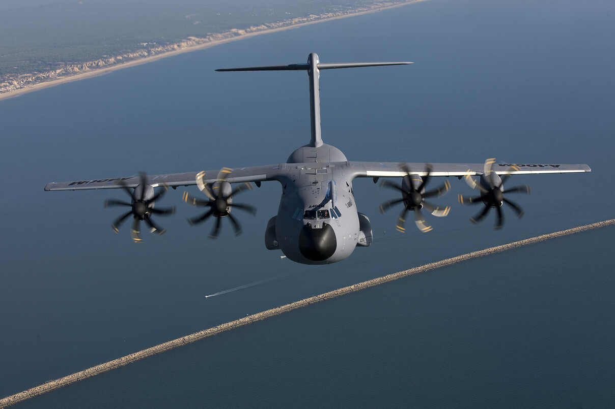 An Airbus A400M over the ocean.