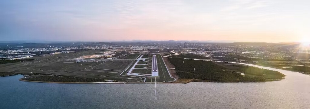 The approach to Brisbane Airport over Moreton Bay.