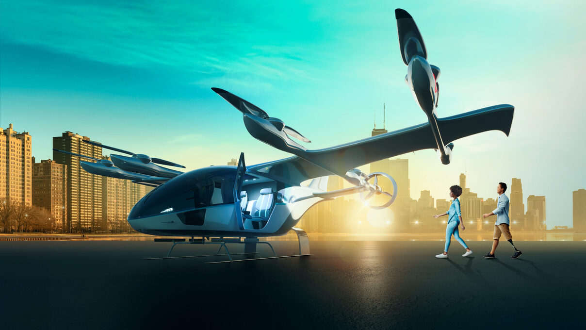 Artist's impression of a futuristic Eve eVTOL aircraft.