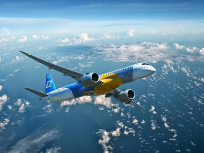 An Embraer E195 aircraft flying at high altitude.