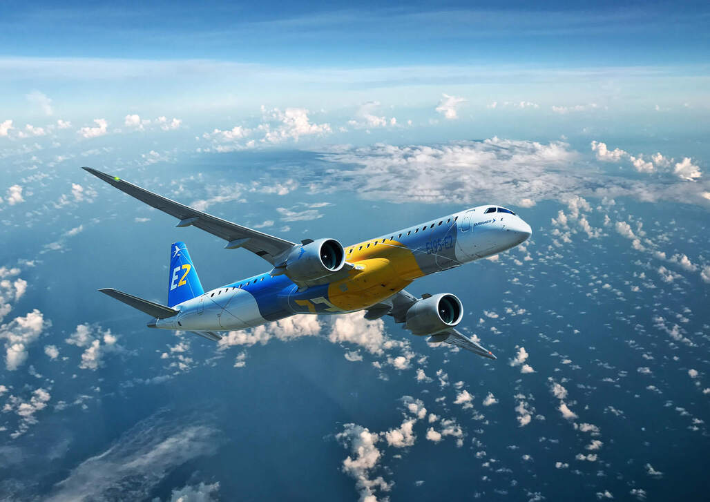 An Embraer E195 aircraft flying at high altitude.