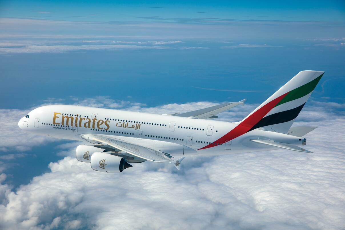 An Emirates aircraft in flight.
