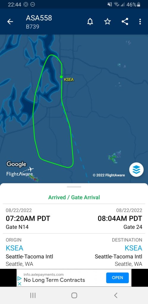 A map view of the flight path taken by Alaska Airlines flight 558