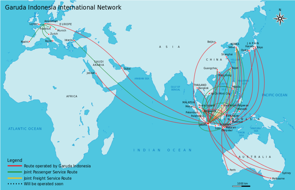 Garuda Indonesia map of international routes.
