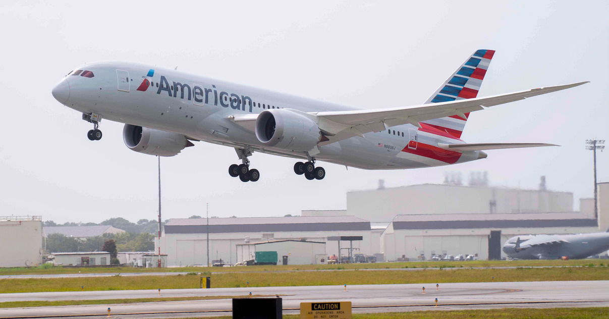 American Airlines new Boeing 787 on take off.